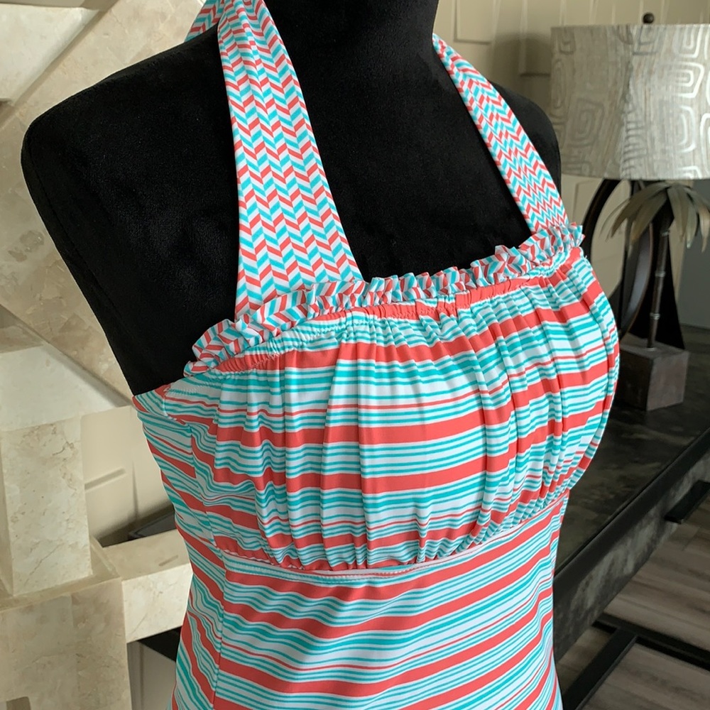 DIVINITA SOLE swimsuit top coral orange blue white stripe halter Size Large
